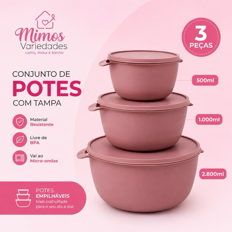 KIT 3 POTES BACIAS BOWL PLÁSTICOS COM TAMPA BPA FREE 2800ML+1000ML+500ML