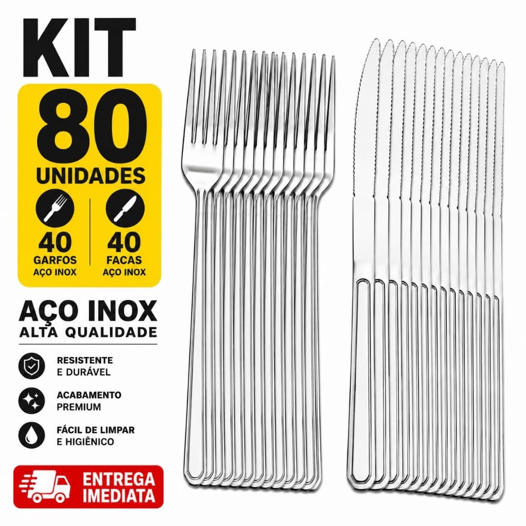 Kit 40 Garfos e 40 Facas de Inox Qualidade Cozinha Restaurantes Buffet Faqueiro Prateado