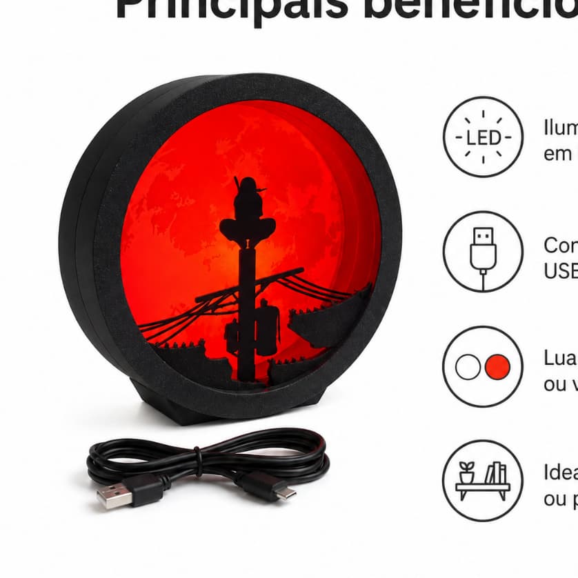 Luminária Naruto Itachi Uchiha LED Lua Vermelha e Branca Decoração Geek