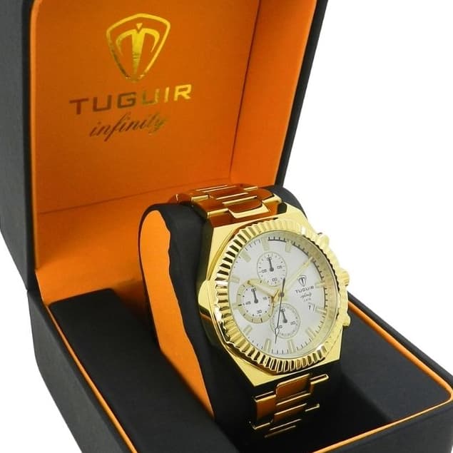 Relógio Cronógrafo Masculino de Aço Tuguir Analógico Infinity GCS-1272 Dourado e Prata (Resistente à água 5ATM, Vintage)