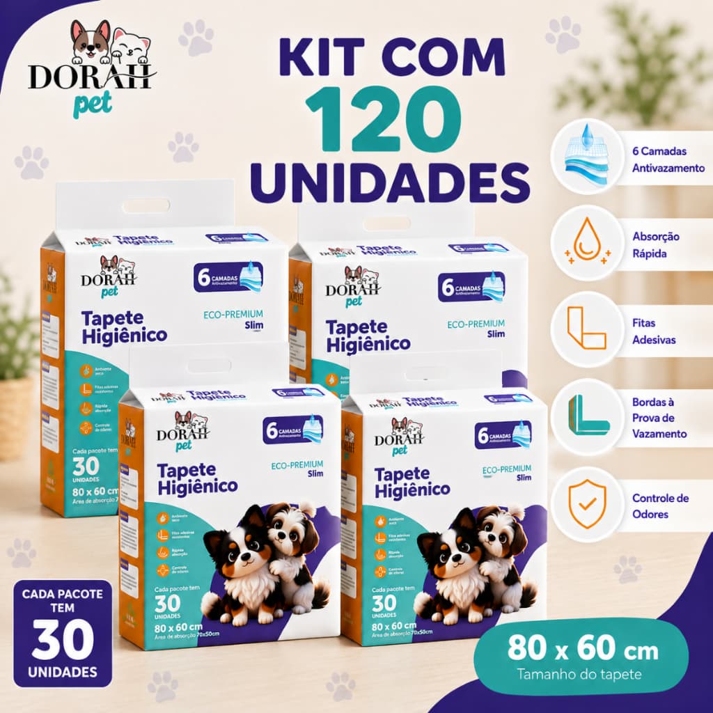 120 Tapete Higiênico 80x60cm Dorah Pet Eco Premium Slim 6 Camadas Antivazamento, Rápida Absorção (4x30 Unidades)