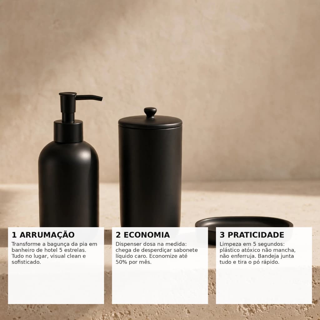 Kit Banheiro Preto 3 Peças Martiplast/Porta Escova Dentes/Dispenser Sabonete Liquido/Bandeja KTE129