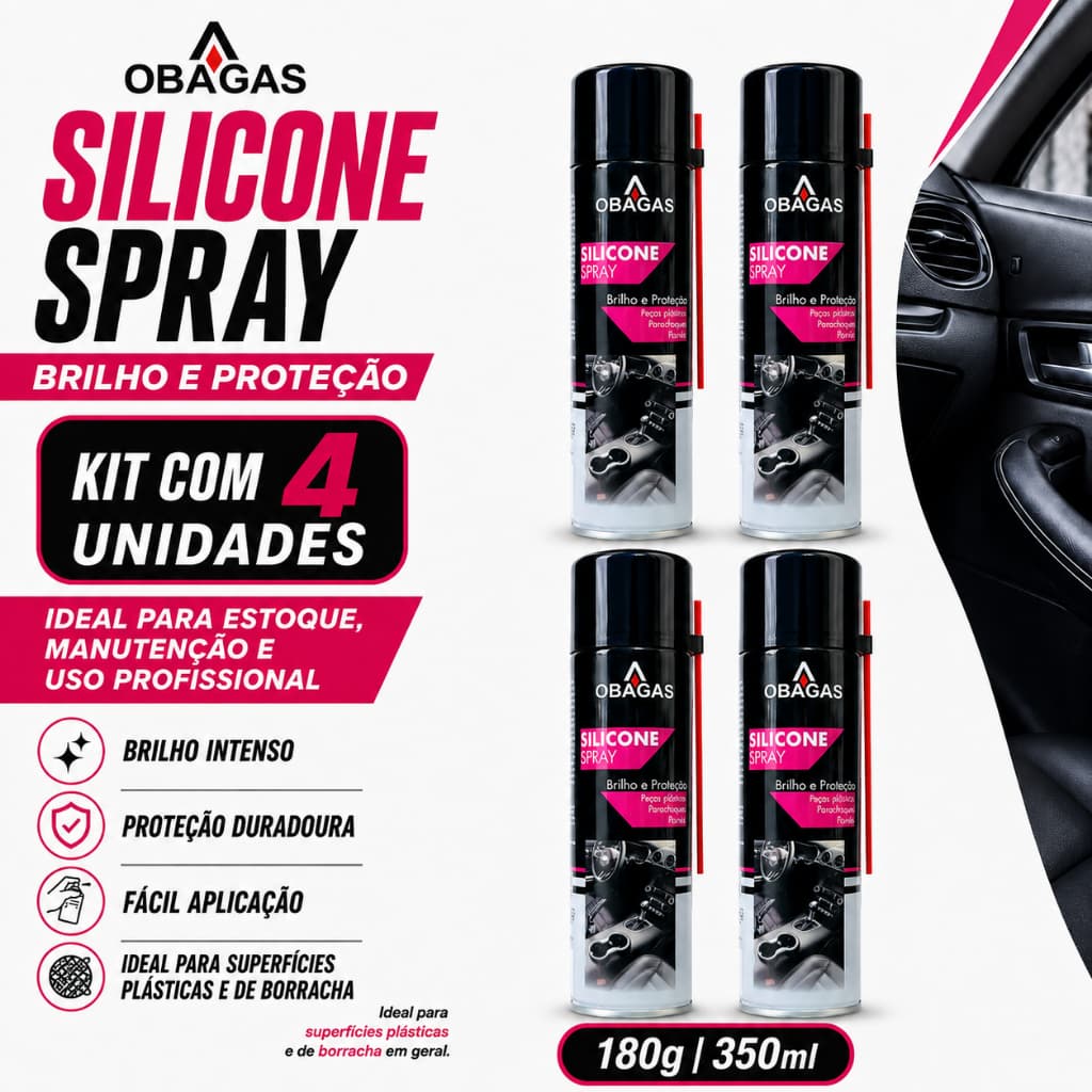 KIT 4 Silicone em Spray ObaGas 180g 350ml – Brilho e Proteção para Plásticos e Painéis