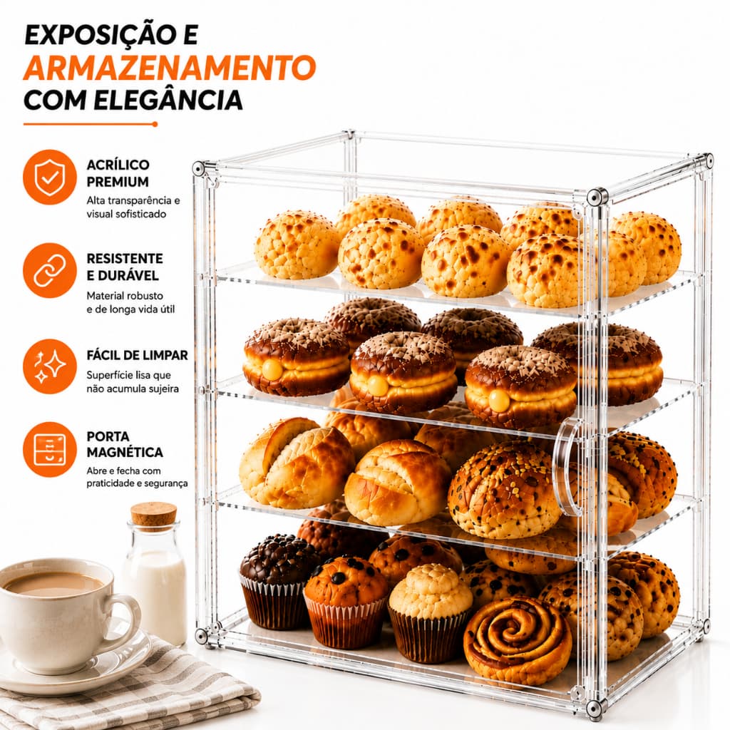 Porta Pão Acrílico Transparente com Porta Magnética 4 Andares Armazenador de Pães Organizador de Cozinha Mesa Bolos Doce