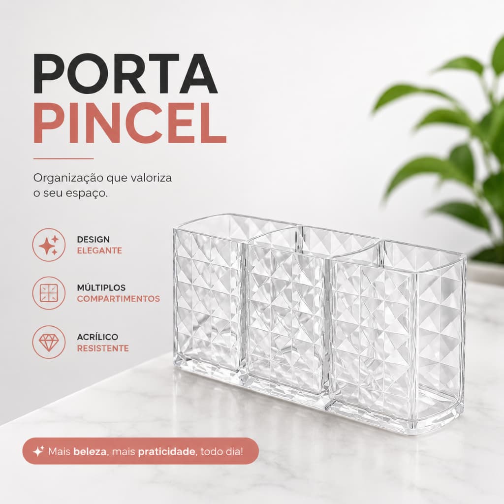 Porta Pincel 3 Divisorias Acrílico Maquiagem Diamante Organizador De Mesa Batom Banheiro Quarto Escritório