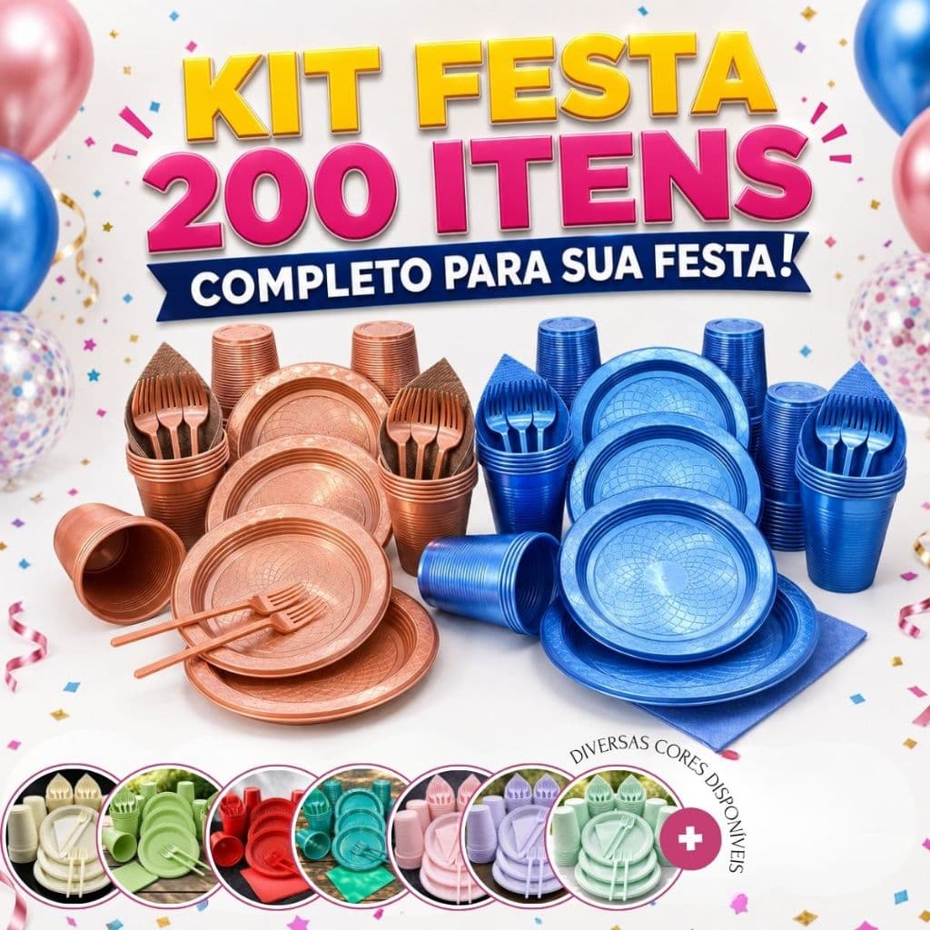 Kit 200 Itens Festa Aniversário Descartável Completo Plastico Candy Perolado Copinho Pratinho Garfinhos Guardanapos