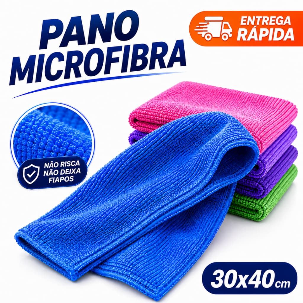 Kit Panos Microfibra 30x40 Multiuso Alta Absorção Secagem Rápida Não Risca Não Solta Fiapos Vidro Carro Cozinha Móveis