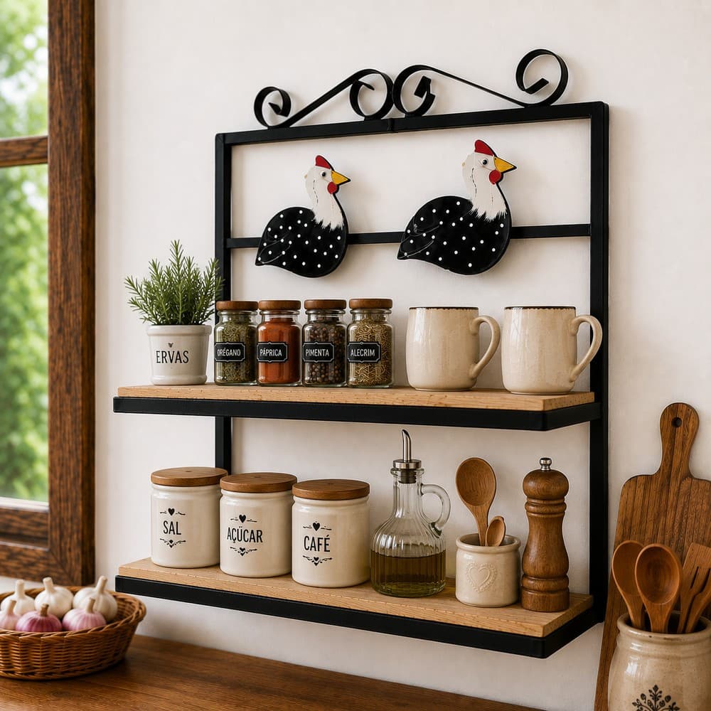 Prateleira Dupla Porta Temperos Decoração Galinha Resistente 40x45