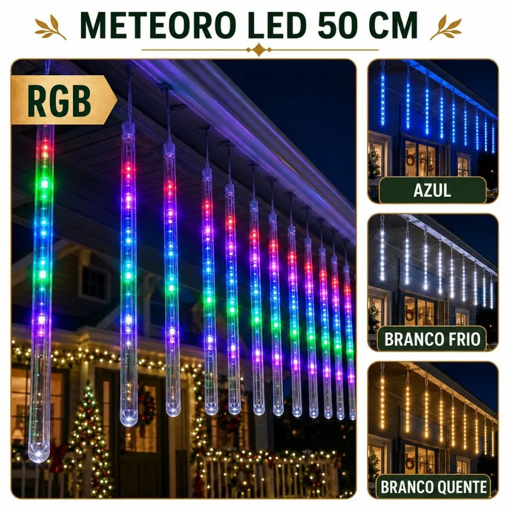 Cascata Meteoro 50cm 8 Tubos Led 3 Metros Bastão Chuva IP65 Decoração Natal Festas Bivolt Cor RGB LuvinCo