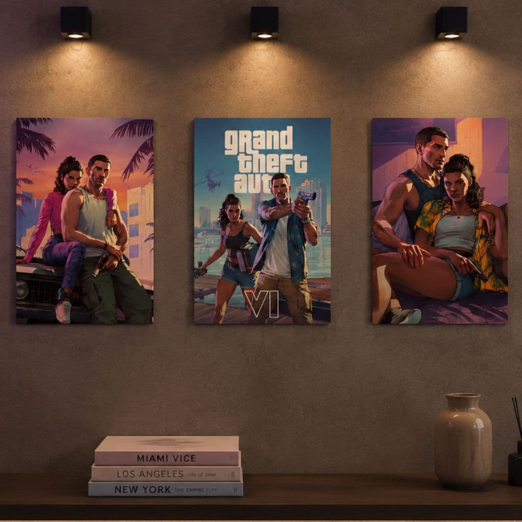 Kit 3 Quadros GTA 6, Decoração de quarto de menino desenho jogo Plaquinhas 28X19