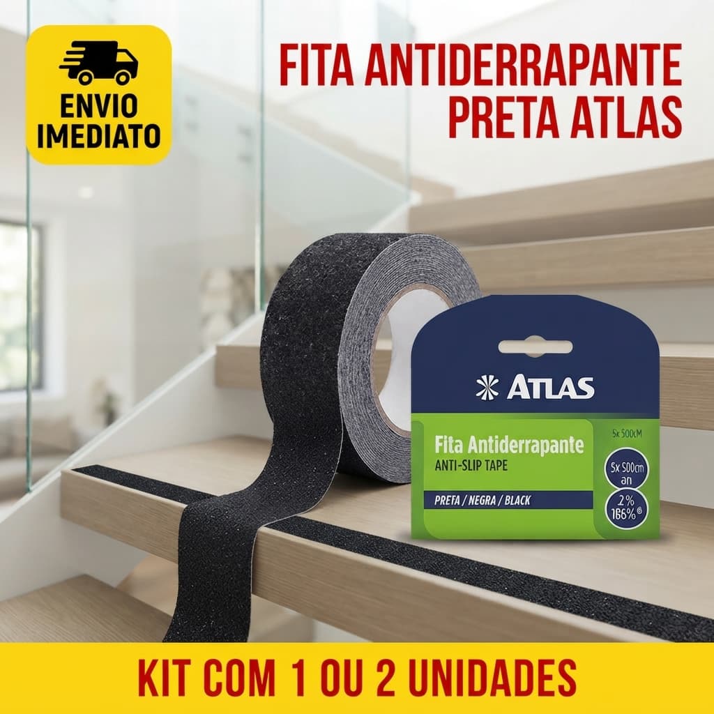 Fita Antiderrapante Adesiva Preta Atlas 5mx5cm Lixa Para Escadas Degraus Rampas Piso Segurança