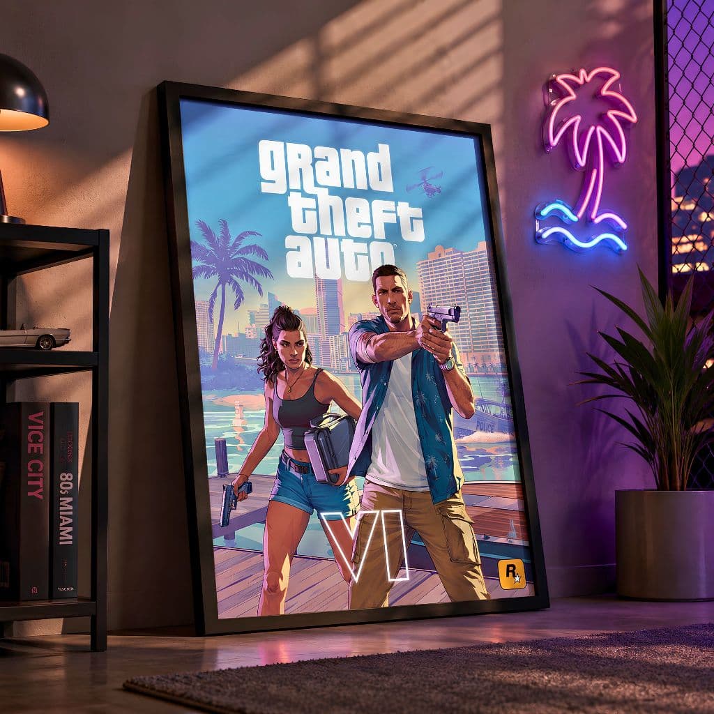 Quadro GTA 6 VI Jason Lucia Grand Theft Auto Vice City Gamer Decoração Quarto Games