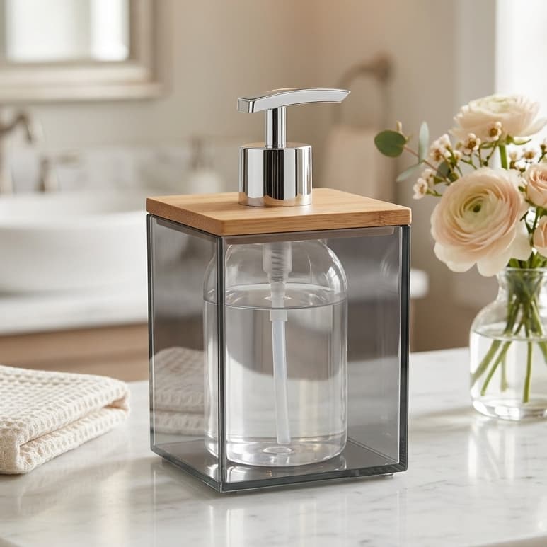 Saboneteira Porta Sabonete Liquido 250ml Dispenser Vidro e Madeira Pia Bancada Banheiro Lavabo