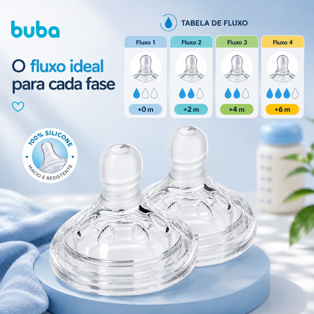 Kit 2 Bicos para Mamadeira Easy Flow Buba Válvula Anticólica Macio 100% Silicone