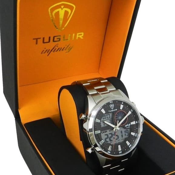 Relógio Masculino de Aço Tuguir AnaDigi Infinity GCS-1265 Prata e Preto (Resistente à água 5ATM, Vintage, Luxuoso)