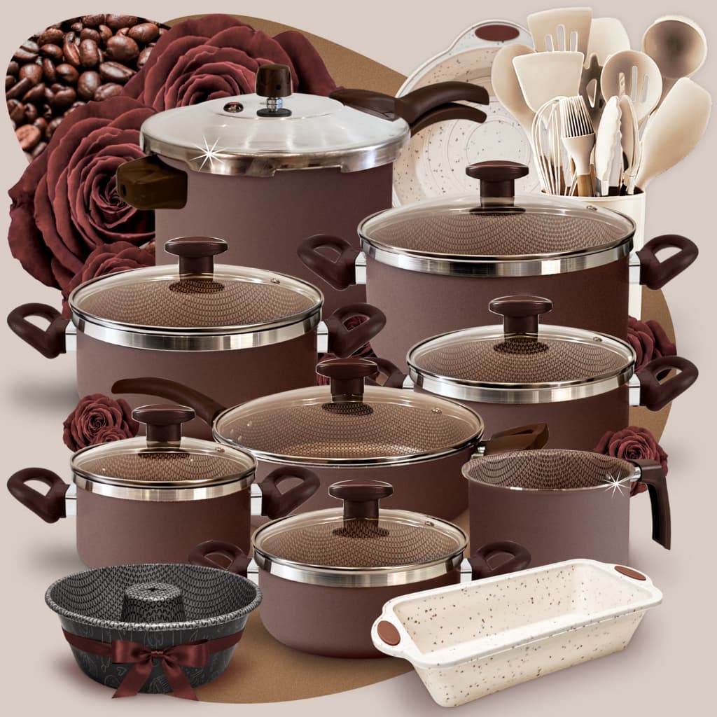 Jogo De Panelas Mocha Mousse Fortes & Resistentes + Panela De Pressão + Frigideira 24cm + Formas 23p