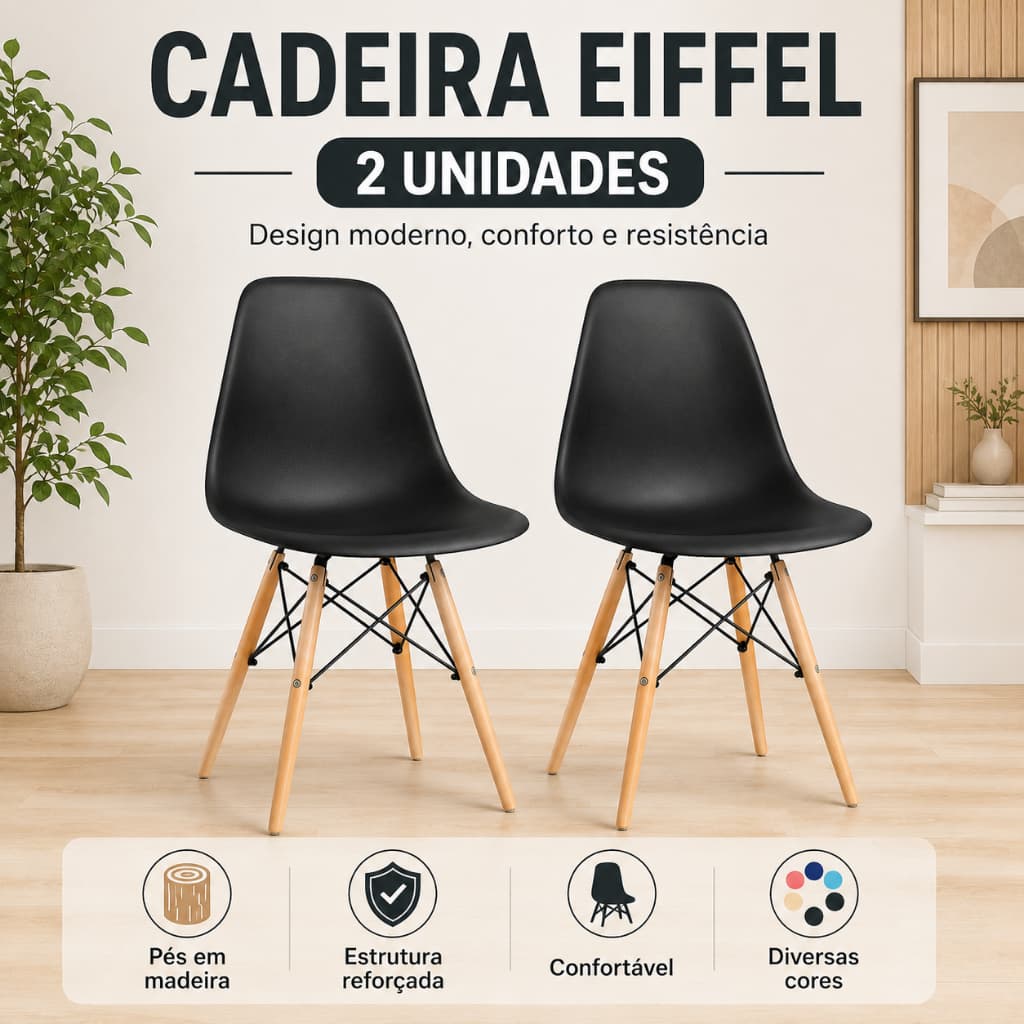 Kit 2 Cadeiras Eiffel Modernas com Pés de Madeira – Resistentes e Confortáveis