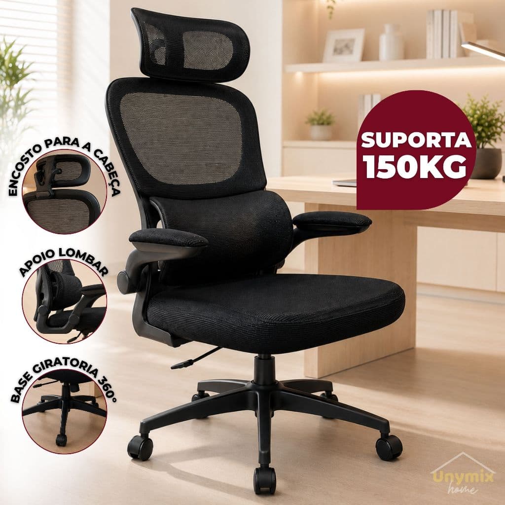 Cadeira de Escritório Presidente Ergonômica Com Apoio Lombar Giratória - Suporta até 150 Kg