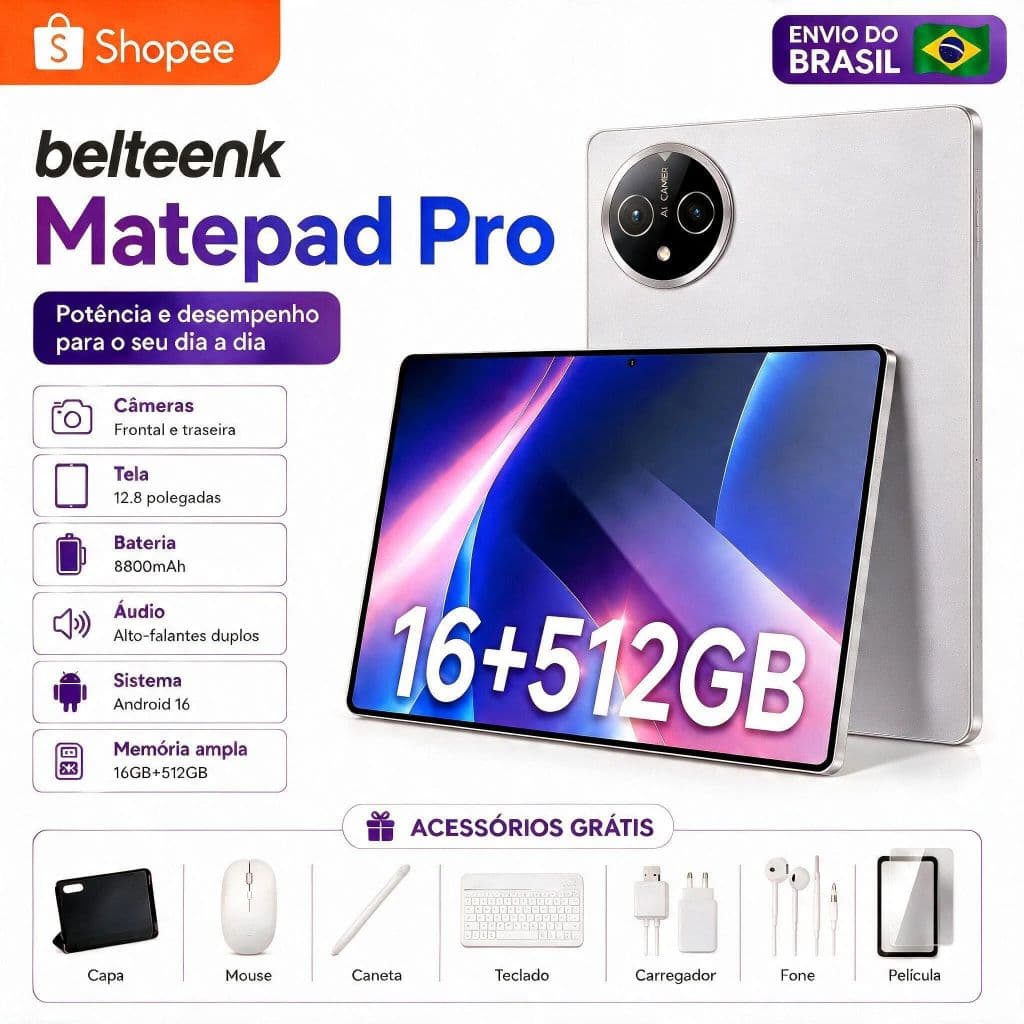 belteenk Tablet Matepad Pro 12.8” com Teclado+Mouse 16GB RAM 512GB Android Câmera 48MP 8800mAh Android 16