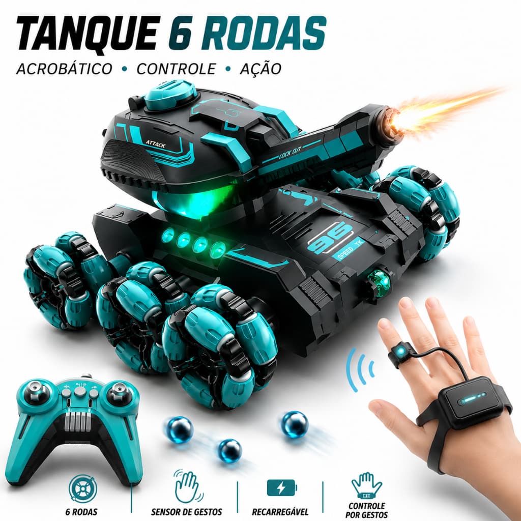 Tanque RC 6 Rodas Acrobático Controle Remoto Sensor de Gestos Brinquedo Infantil com Bateria Recarregável