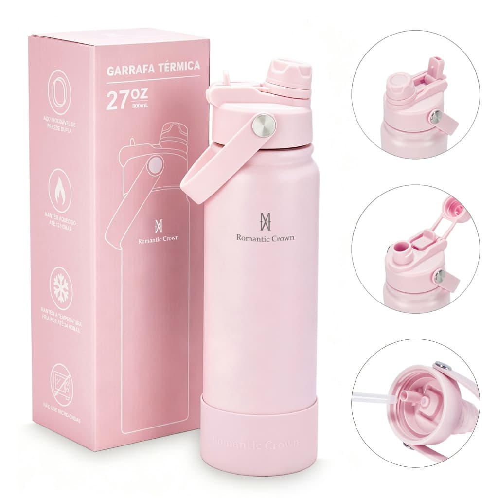 ROMANTIC CROWN Garrafa Térmica 800ml Aço Inox 304 Grande Capacidade com 2 Formas de Beber para Viagem e Esporte