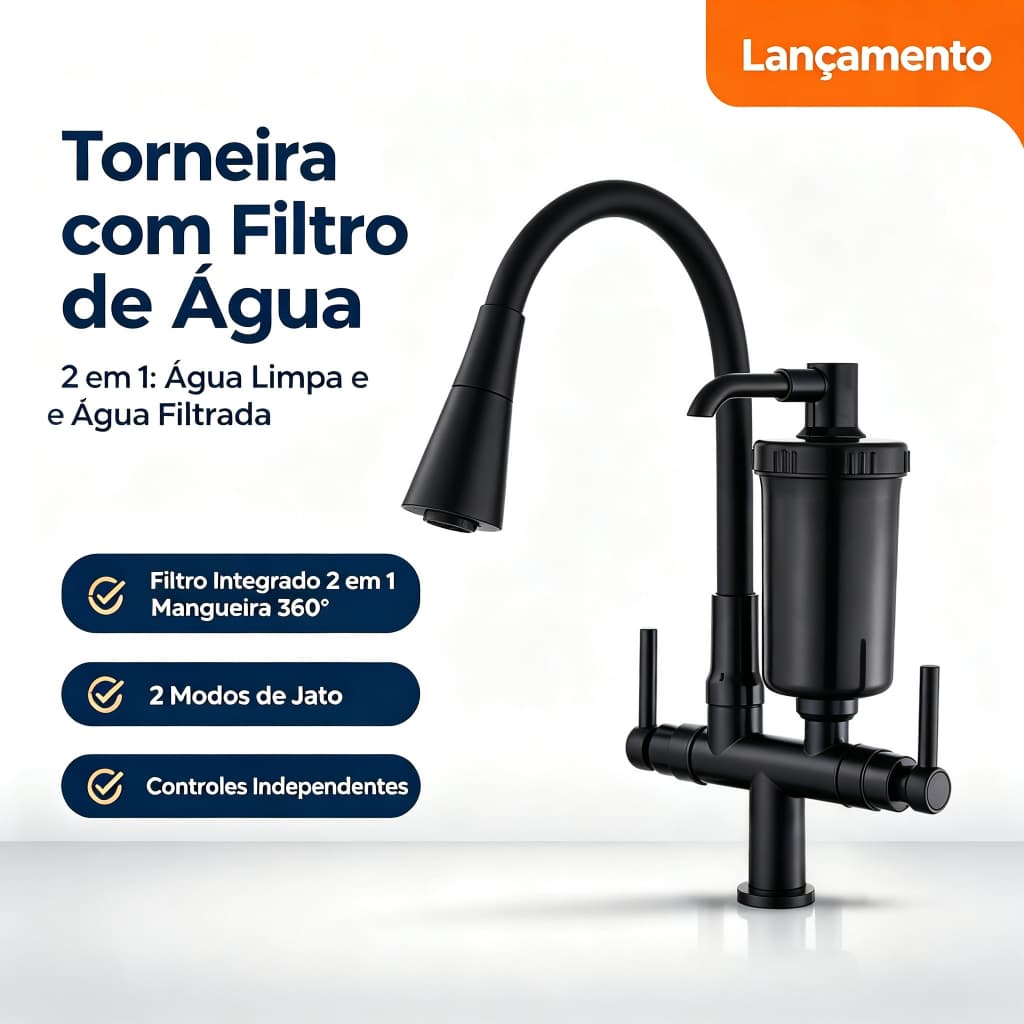 Torneira de Bancada Cozinha com Filtro Purificador, Dupla Função Cromada, Monocomando Cerâmico, Fácil Instalação