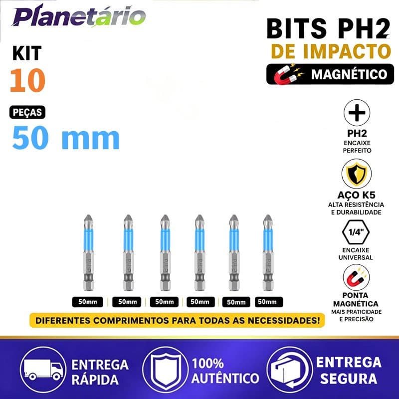 Kit Jogo de Bits de Chave Philips PH2 Ponteira Magnético Impacto Parafusadeira Sextavado Imã 10 PcsAnti Antiderrapante
