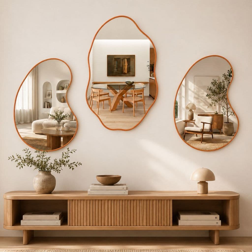 Kit 3 Espelhos Orgânicos Decorativos Parede Moldura em Couro Reforçado + Suporte Penteadeira Sala