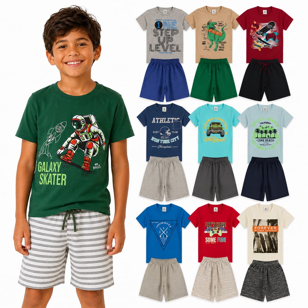 Conjunto Infantil Menino 1 a 10 anos | Roupa Infantil Menino Verão | Conjuntos Infantil Camiseta + Bermuda Masculino