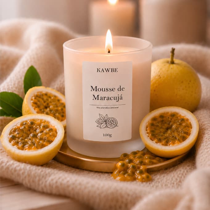 Vela Aromática artesanal Maracujá 100% vegana, PREMIUM, cera de coco, com essência premium