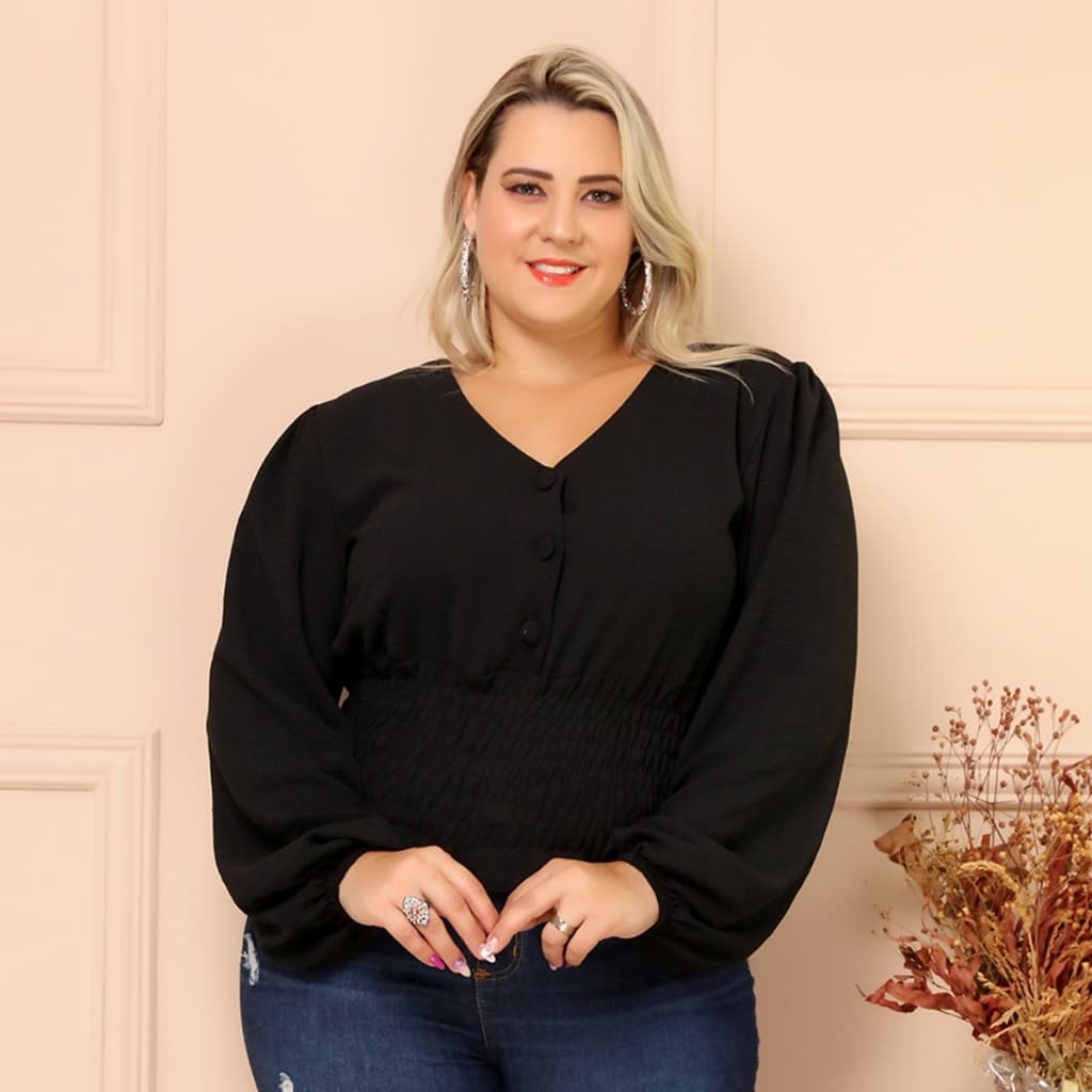 Blusa Manga Longa Plus Size Feminino Decotado Botao Forrado/COD:B13