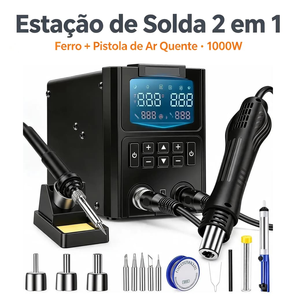 Estação de Solda 2 em 1 1000W Ferro Soldar Pistola Ar Quente Digital Sleep Automático Temperatura Ajustável Kit Completo