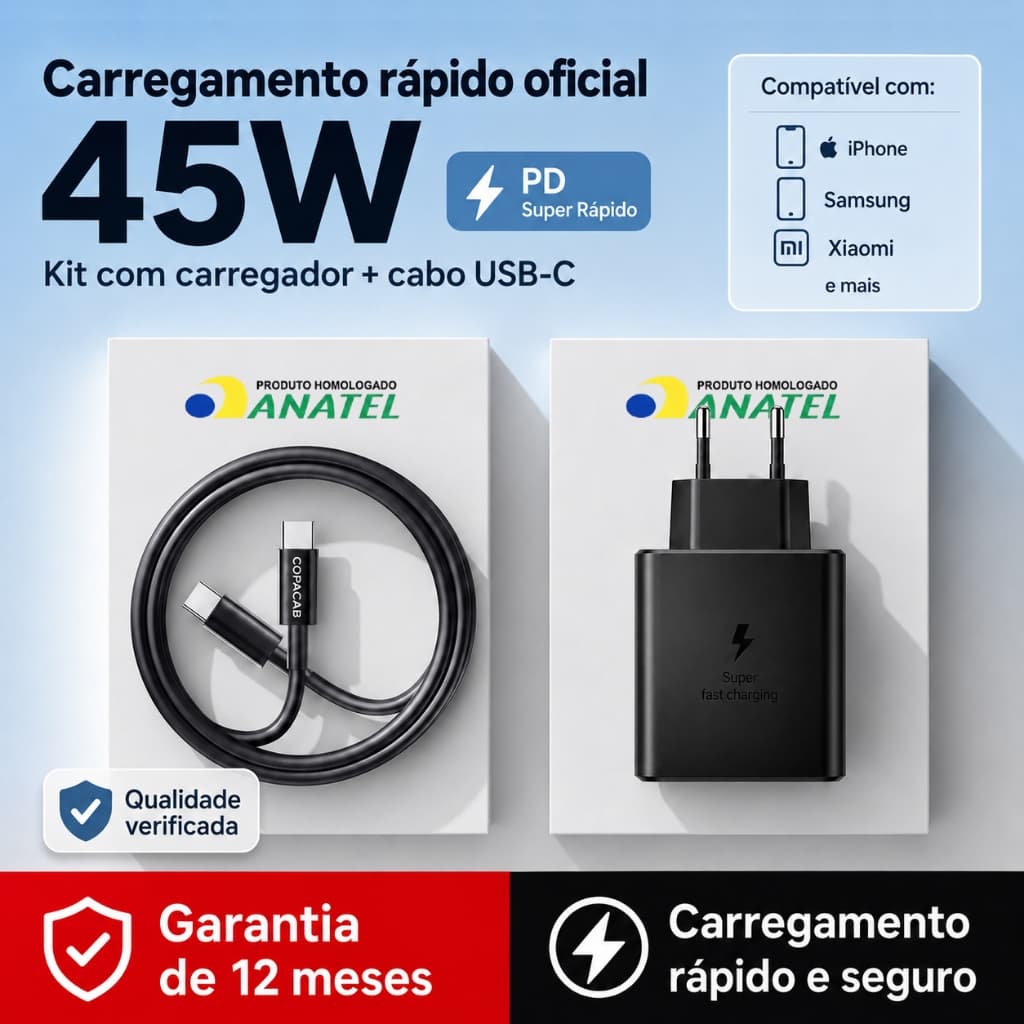 Carregador 45W Turbo Tipo C + Cabo USB-C | Carregamento Super Rápido Samsung Envio Imediato