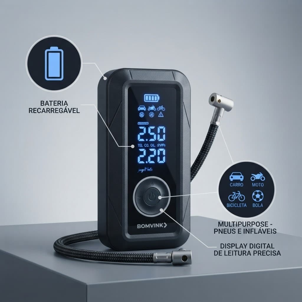 Compressor de Ar Digital Portátil para Pneu Carro Moto Bike com LED