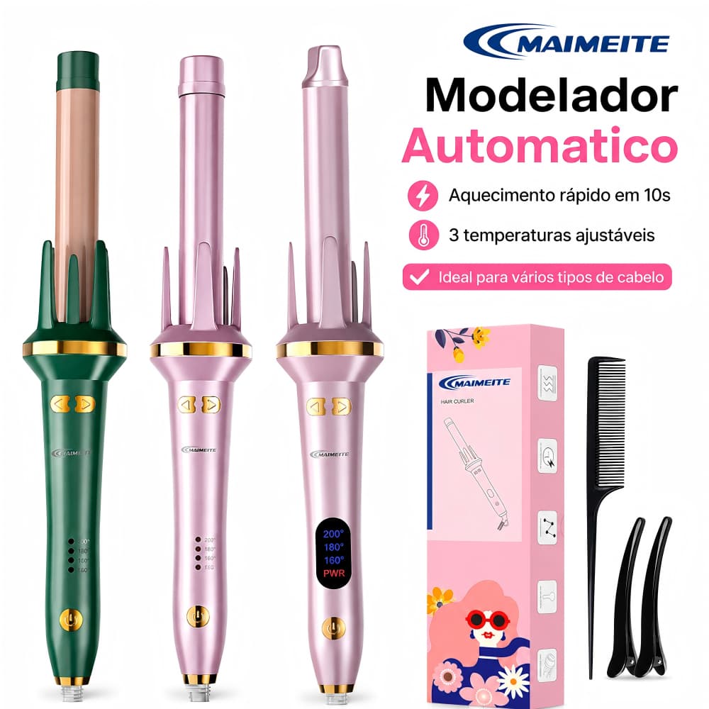 MAIMEITE Modelador de Cachos Automático Rotativo Bivolt Cerâmica Painel LED Aquecimento Rápido