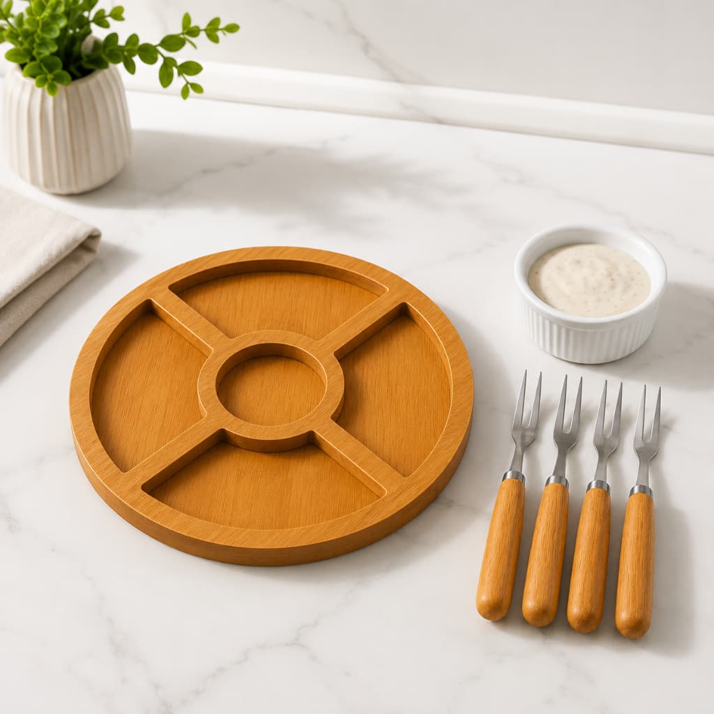 Kit Petisqueira de Mdf Redonda com Molheira Ramekin e Garfinhos para Petiscos Frios e Queijo