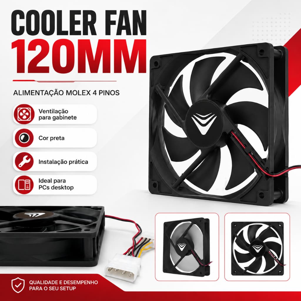 Cooler Fan Preto Sem LED 12cm Ventoinha 120mm Gabinete Computador Evus Conector Molex EV12025FAN