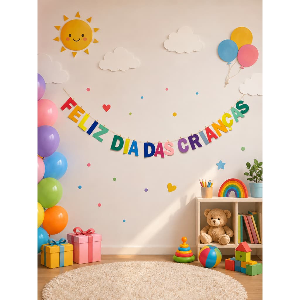 Frase Feliz Dia Das Crianças EVA Colorido  Letra Para Varal Decoração Festa