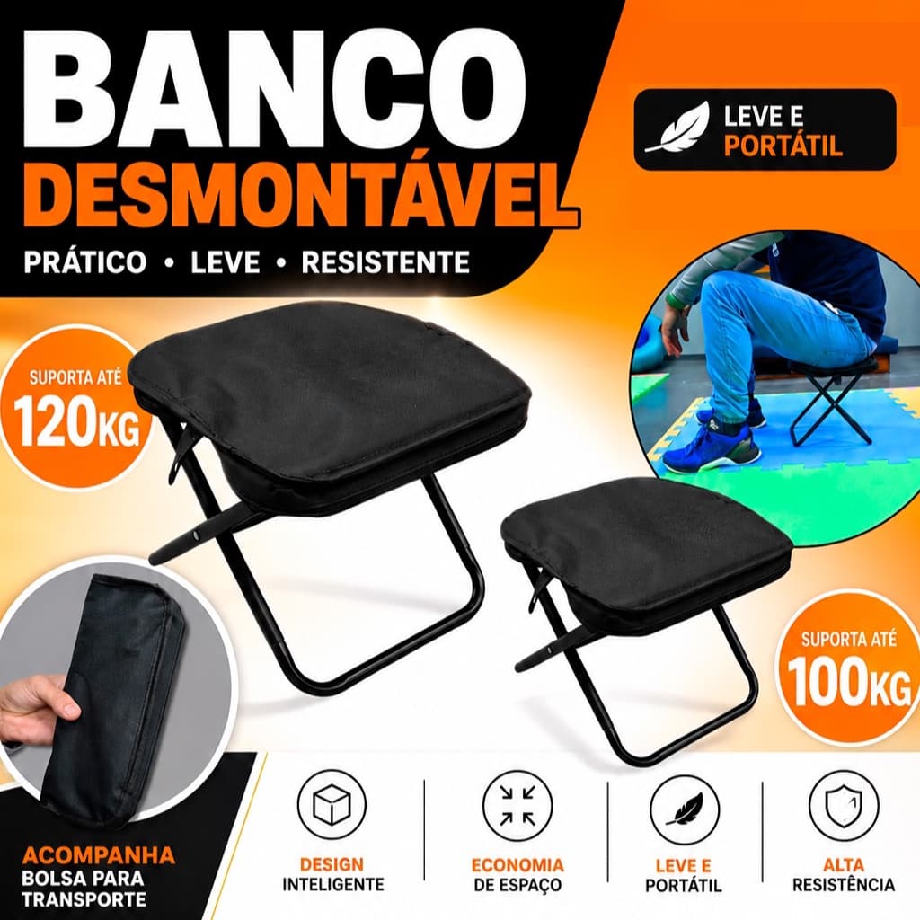Banco Dobrável Portátil de Aço com Estrutura Leve e Resistente Banqueta Banquinho Camping Parque Pesca Pescar Acampar