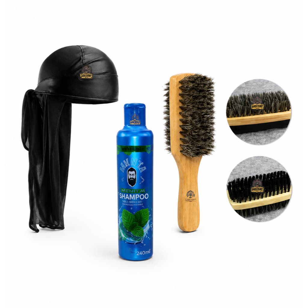 Kit Waves Bandana Durag Escova Dupla Cerdas de Javali Shampoo Anticaspa