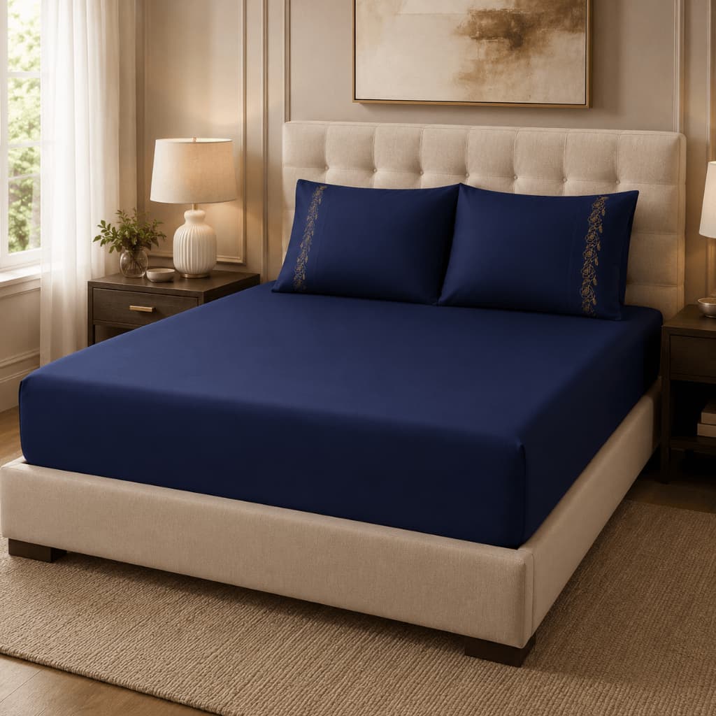 Kit Cama Casal Percal 400 Fios 3 Peças Azul Marinho Flores Douradas