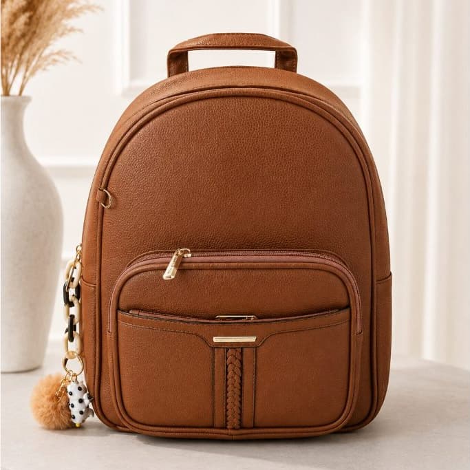 Mochila Feminina Marrom Casual Elegante com Bolsos e Chaveiro