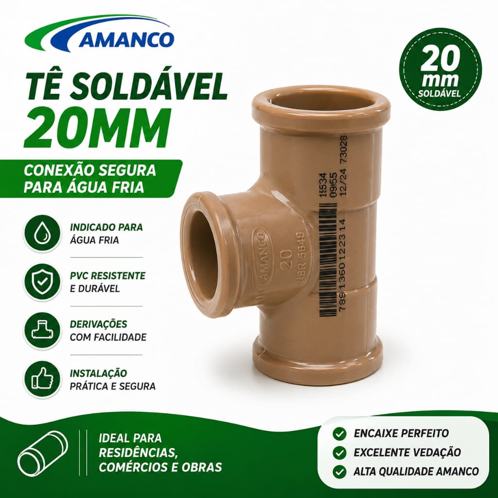 Tê Soldável 20mm PVC Marrom Conexão Hidráulica Água Fria Encaixe para Tubo