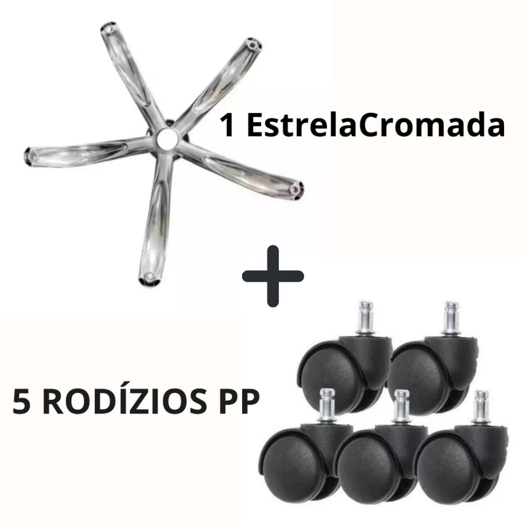 KIT 1Estrela Cromada para Cadeira de Escritório/Gamer + 5 Rodízios/Rodinhas de Polipropileno para Cadeira de Escritório
