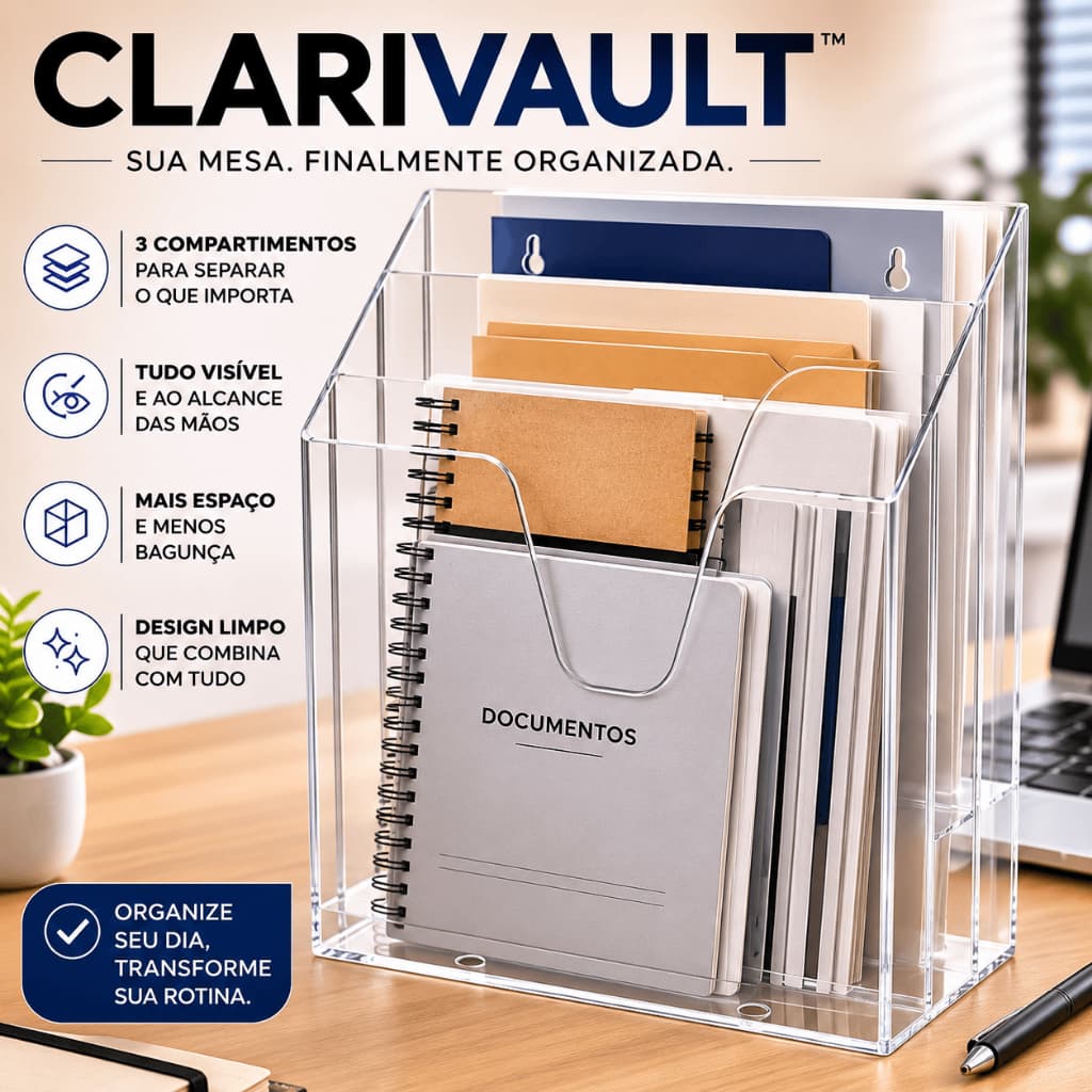 Organizador de Documentos CLARIVAULT Acrílico 3 Compartimentos Porta Papéis Revistas para Mesa e Parede