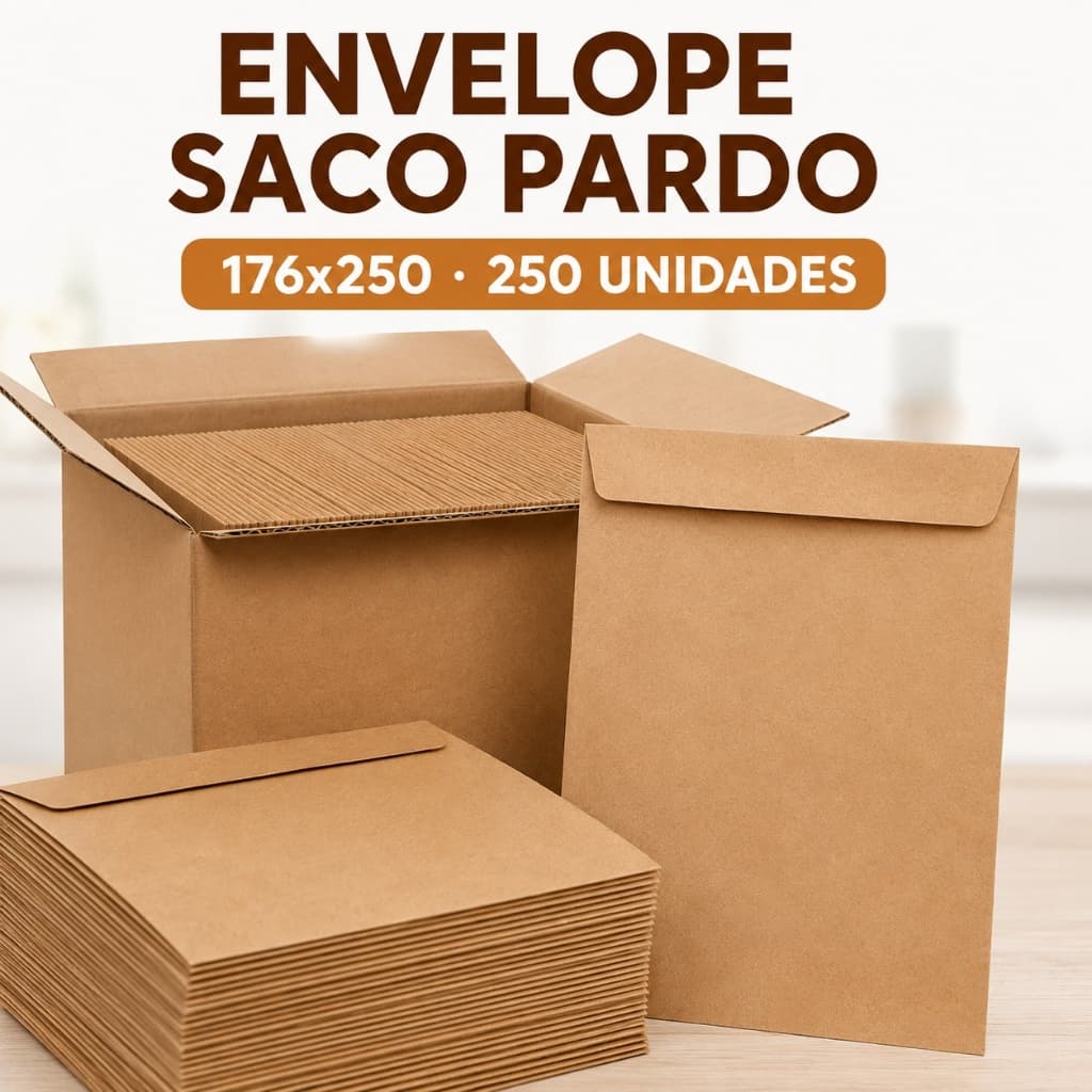 Envelope Saco Kraft Pardo 176x250mm Caixa 250 Unidades Papel para Documentos Escritório Envios