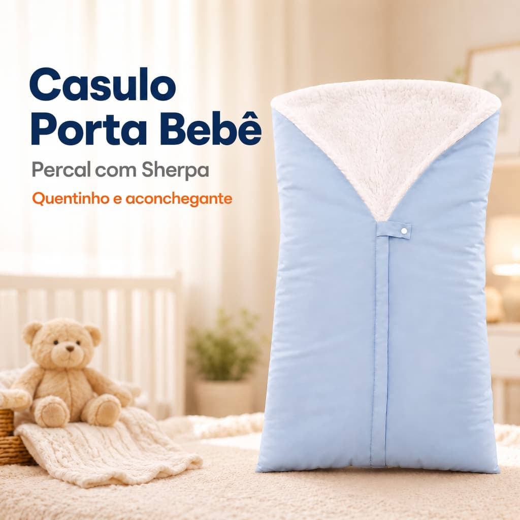 Saco de Dormir Bebê Casulo Sherpa Percal com Zíper Hipoalergênico Menino e Menina 63cm