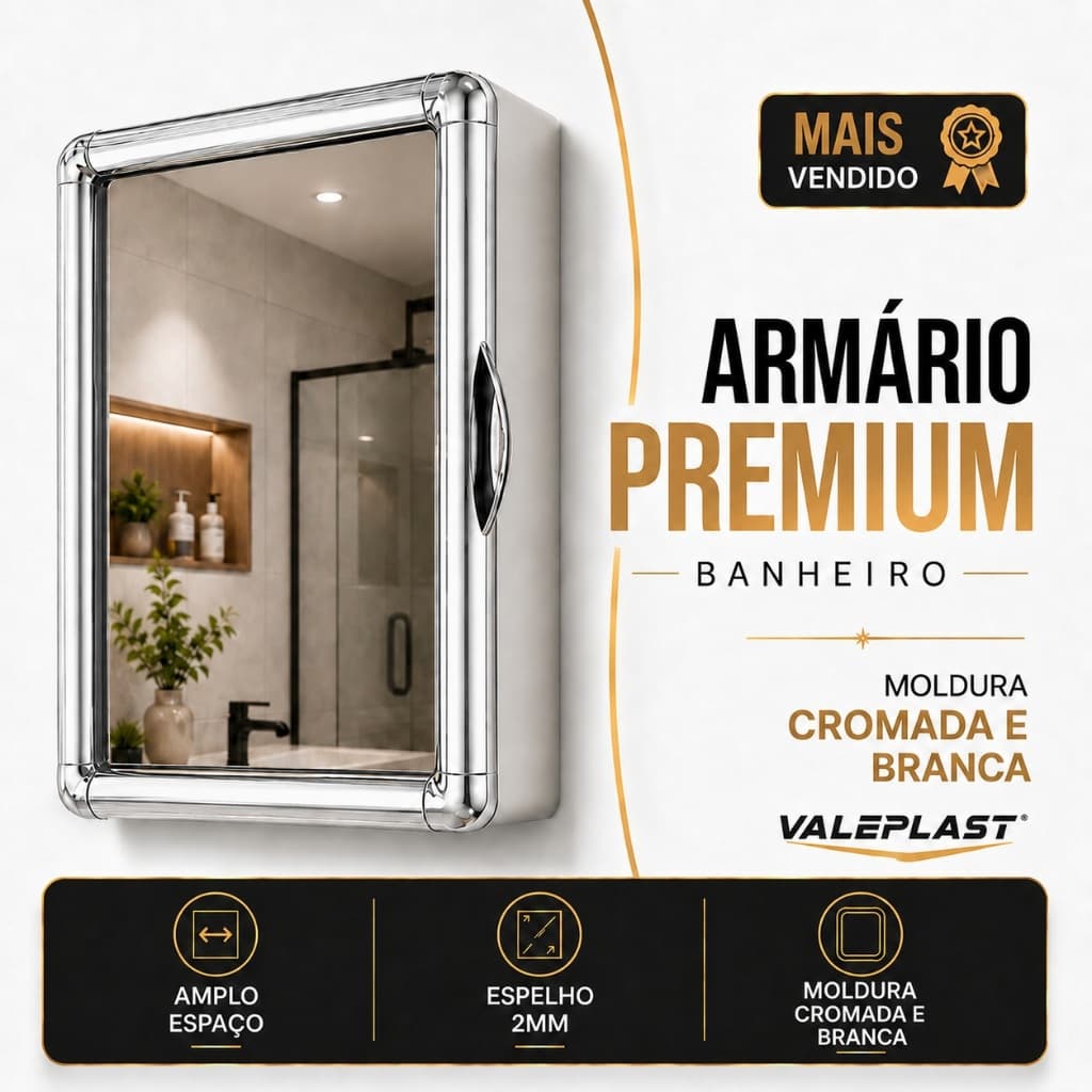 Armário Branco Clean para Banheiro I Sobrepor ou Embutir Espelho 2mm Espelheira Vidro Moldura  Branco Premium