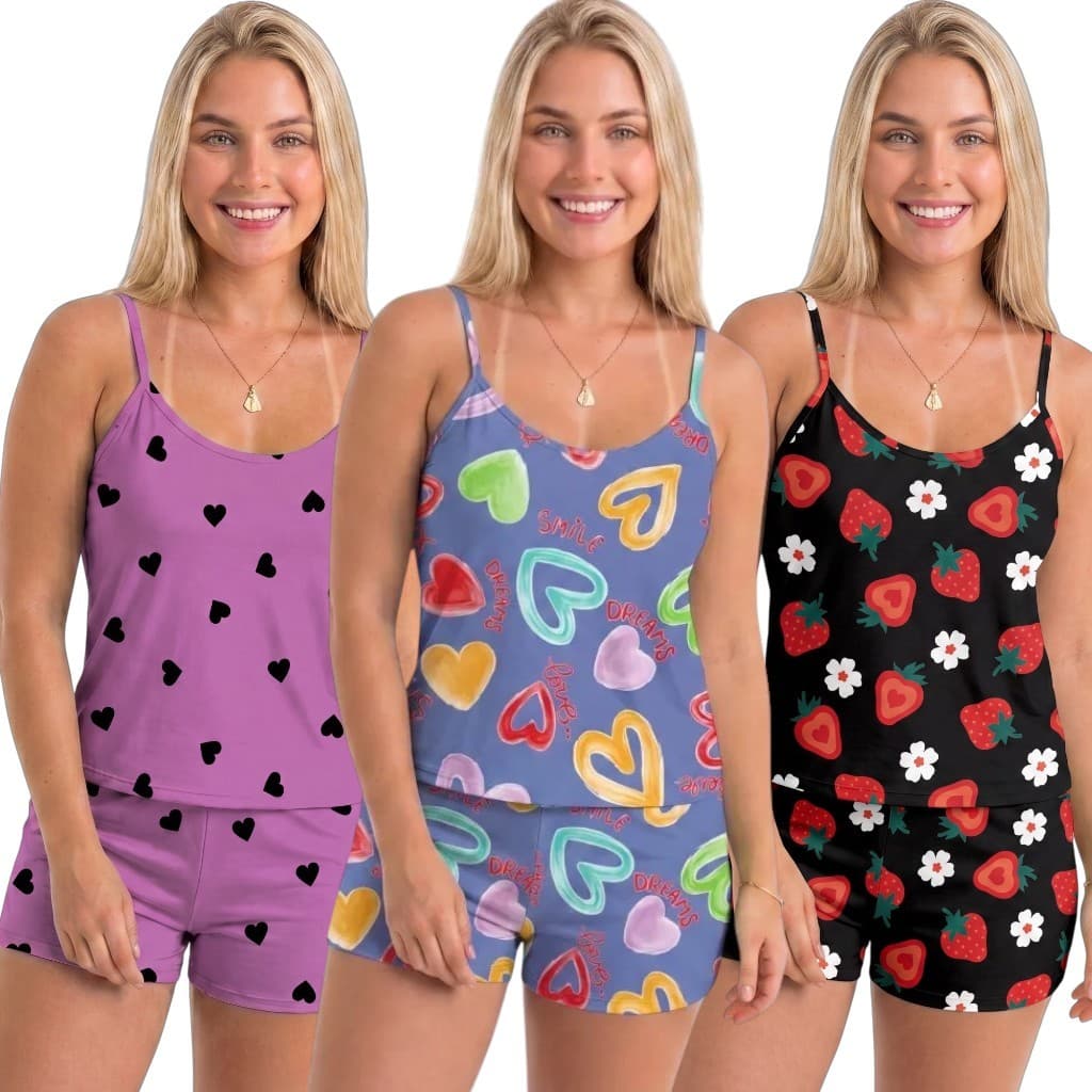 Kit 3 Pijama Conjunto Baby Doll Short Doll Sem Bojo Feminina Conjuntos Pijamas Estampas Exclusivas