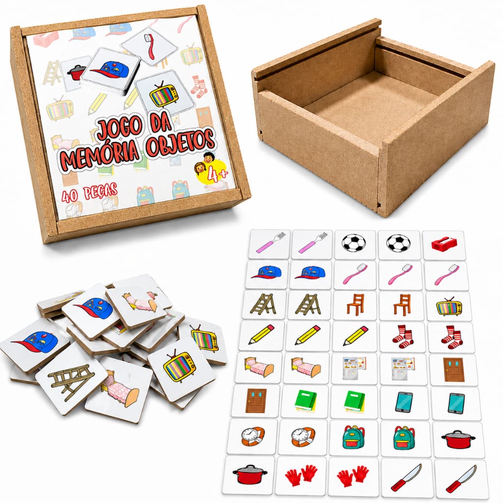 Jogo da Memória Objetos em MDF  40 Peças de Brinquedo Pedagógico
